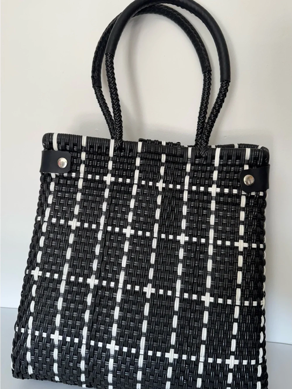 Handmade Mexican Black & White Woven Plastic Large Tote Bag with Top Handle-New